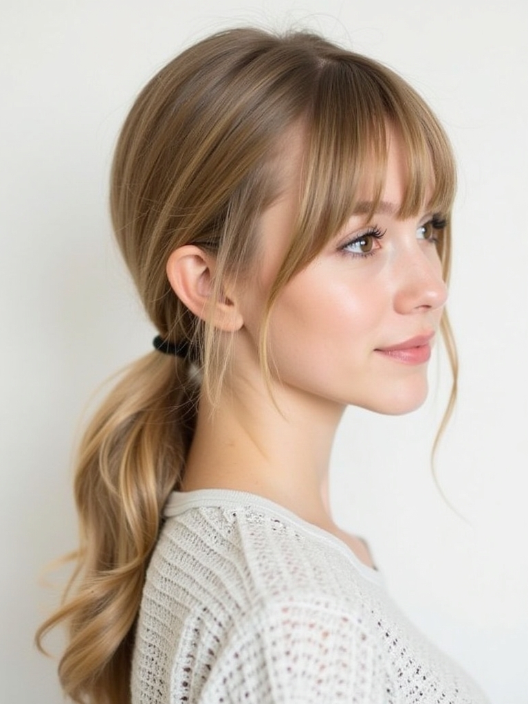 Easy Hairstyles For School Side Swept Bangs with Low Ponytail